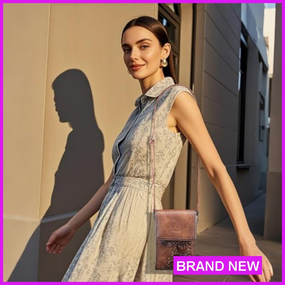 Trendy Vegan Leather Crossbody Bag Embossed Floral Design Phone Purse - Picture 3 of 7